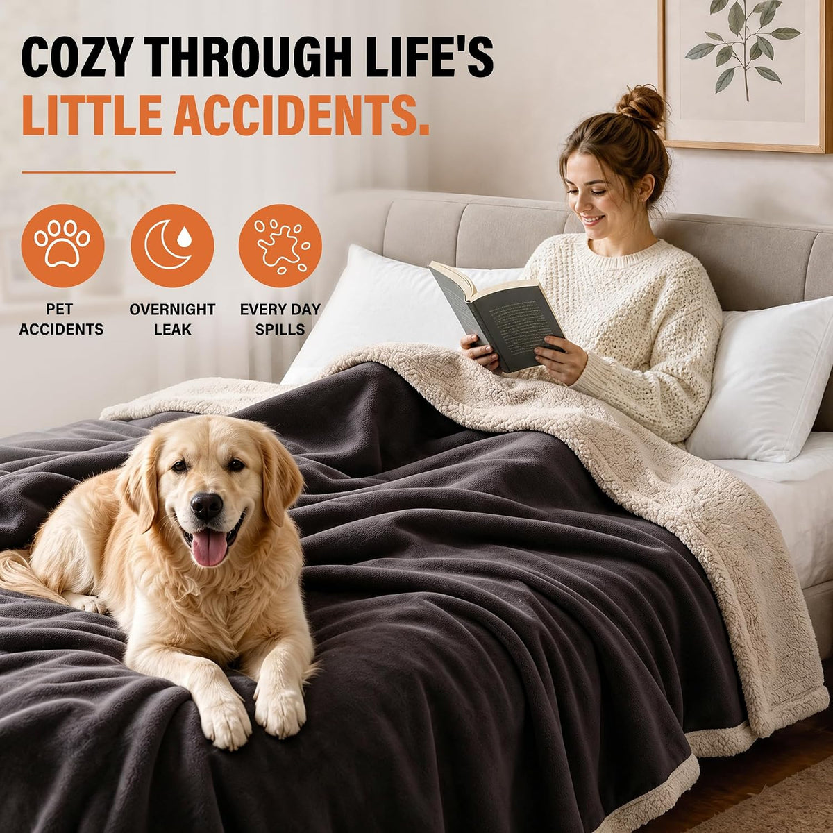 Waterproof Blanket for Bed, Reversible Leakproof Throw